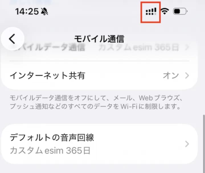 iPhone の画面右上に回線マークが 2 つ表示されている状態＝2 回線がオンになっている
